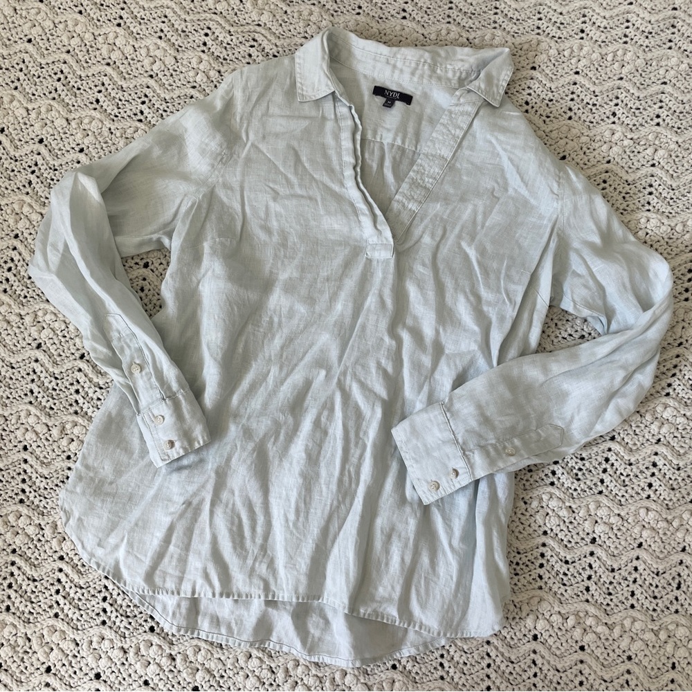 NYDJ 100% Linen Popover Blouse Long Sleeve Top Light Green/Blue (Medium)